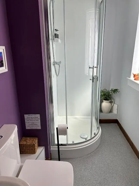 a bathroom with a shower and a white toilet at Cosy 1 bedroom ground floor flat, Central Inverness in Inverness