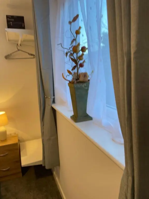 a plant sitting on a window sill with a curtain at Garden Room at Tartan House in Inverness