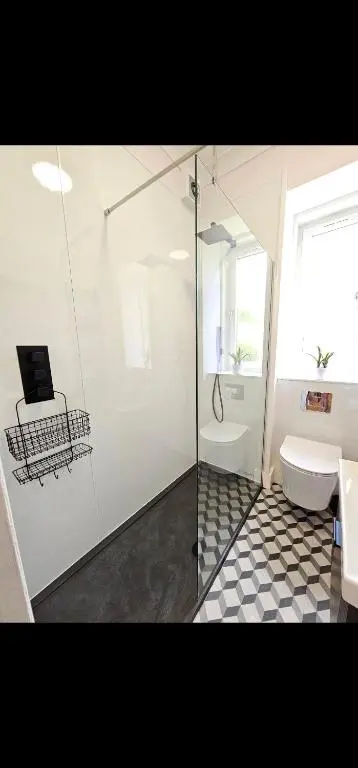 a bathroom with a shower and a toilet and a sink at Inverness City Centre Modern Apartment in Dalneigh