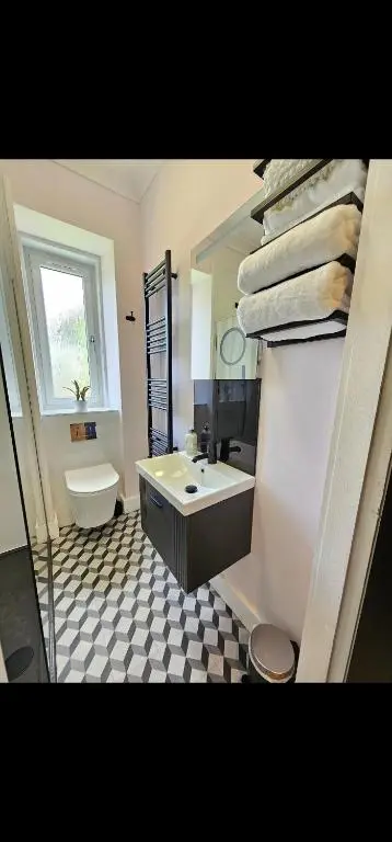 a bathroom with a sink and a toilet and a mirror at Inverness City Centre Modern Apartment in Dalneigh