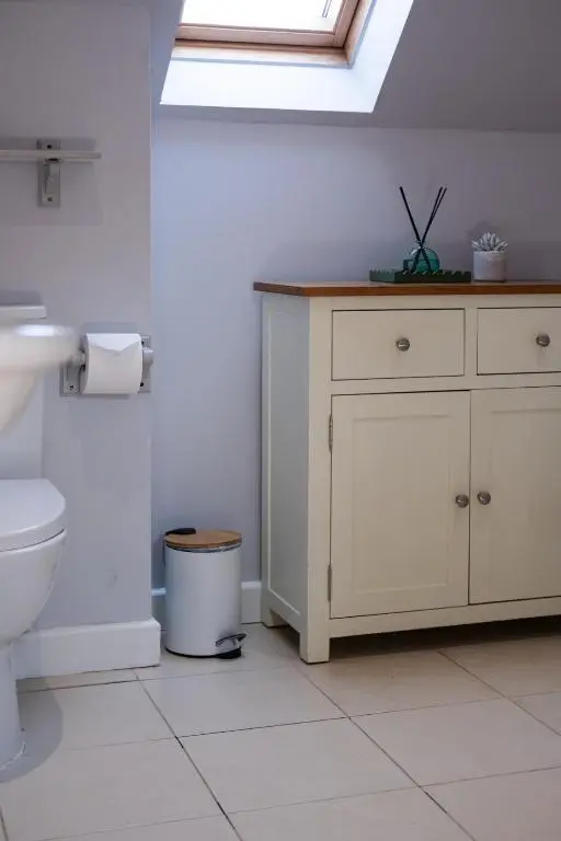 a bathroom with a toilet and a sink and a skylight at Charming 2 bed in Aberchirder in Aberchirder