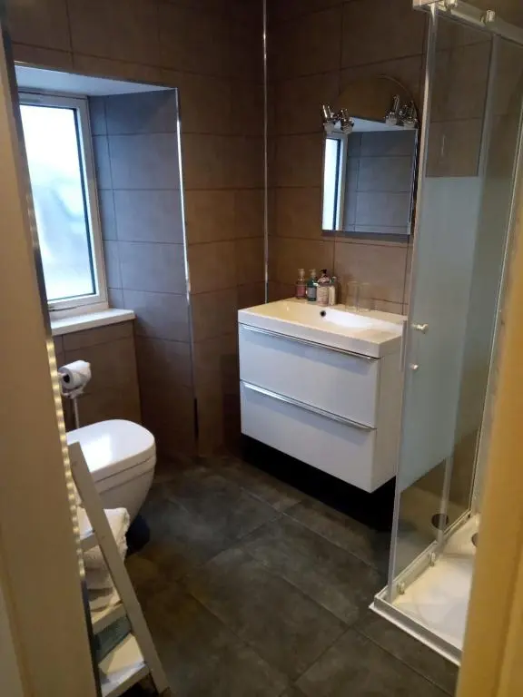 a bathroom with a toilet and a sink and a mirror at Atherstone B&B in Inverness
