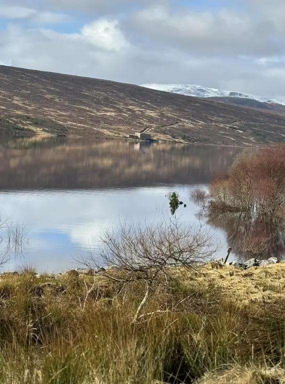 a lake in the middle of a field with a mountain at Overscaig House - The Annexe in Lairg