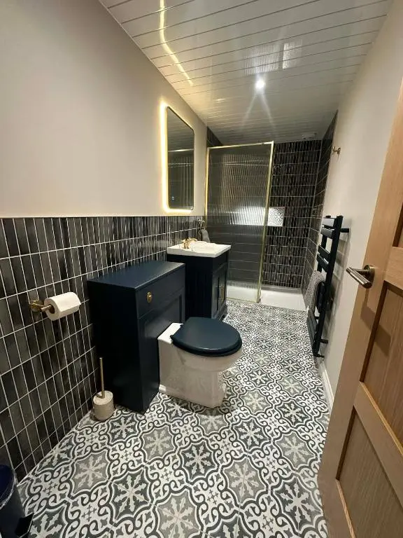 a bathroom with a toilet and a sink and a shower at Modern central apartment in Wick