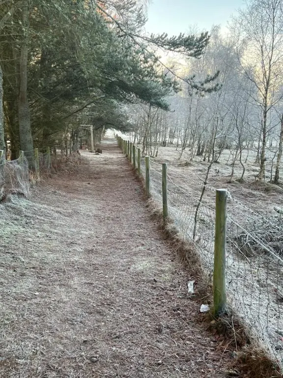 a dirt path with a fence in a field at ScottishHighlands in Boat of Garten