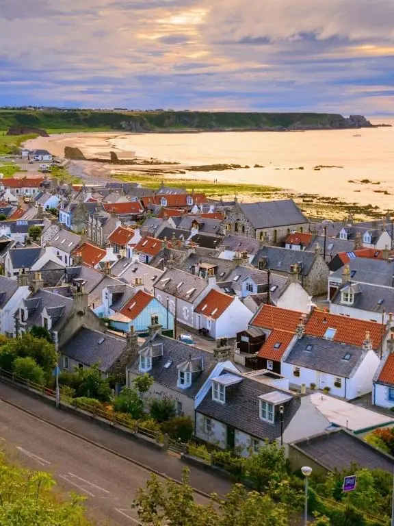 an aerial view of a town next to the beach at Sea Crest - Beachfront Escape with Whisky Snug in Cullen