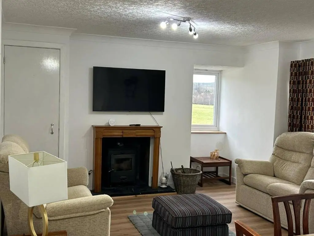 a living room with a fireplace and a flat screen tv at Hot tub - Garden - Bbq - Parking - Pets - Sleeps 6 in Strathpeffer