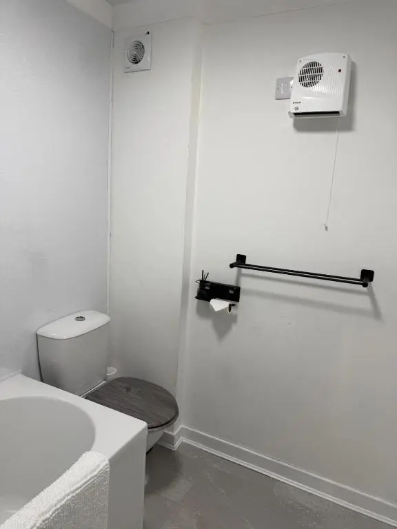 a white bathroom with a toilet and a sink at Nessy5 Apartment in Inverness