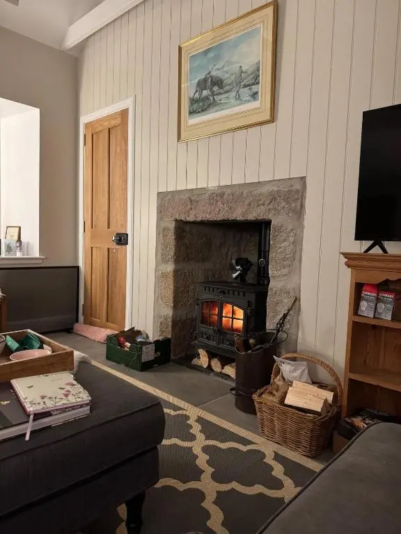 a living room with a fireplace and a couch at Cosy Highland Cottage in the Woods on Royal Deeside in Coldstone