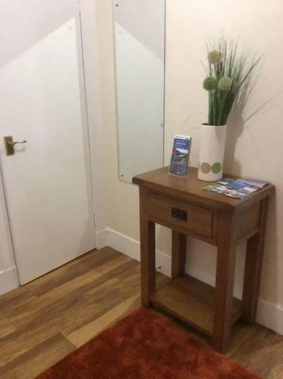 a small table with a plant on it next to a door at Macdonald Apartment 11C Greig St Inverness IV3 5PT in Inverness