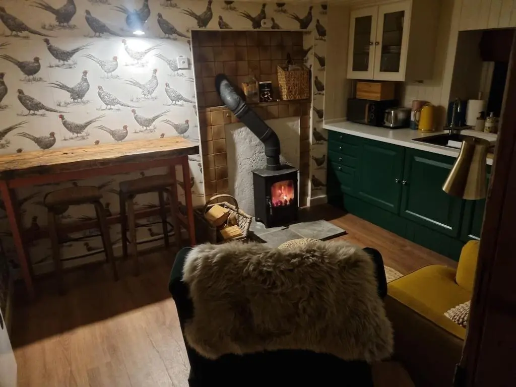 a living room with a fireplace in a kitchen at bochruben in Inverness