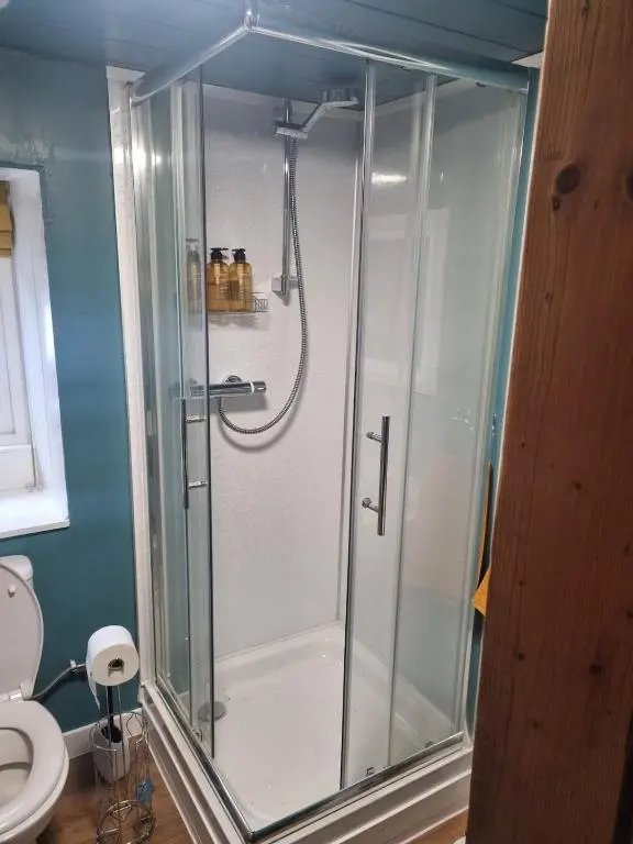 a glass shower in a bathroom with a toilet at bochruben in Inverness