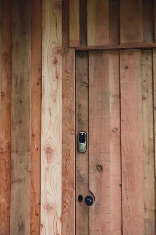 a wooden door with a lock on it at Bespoke Wood Cabin - Loch Ness in Inverfarigaig