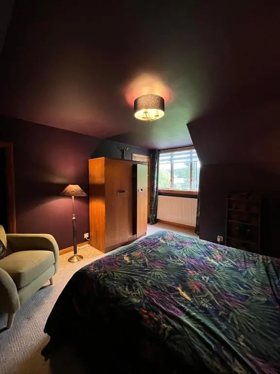a bedroom with a bed and a chair and a lamp at Freeburn Lodge - Tomatin in Tomatin