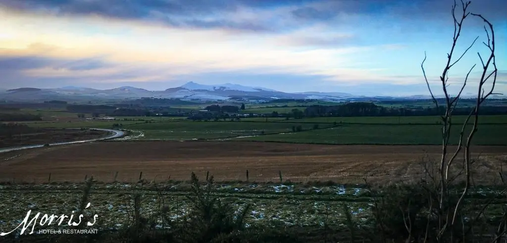 a view of a field with mountains in the distance at Morris Gardens Apartments in Oldmeldrum