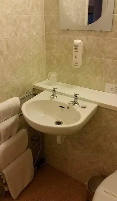 a bathroom with a sink and a mirror and a toilet at The Royal Hotel Tain in Tain