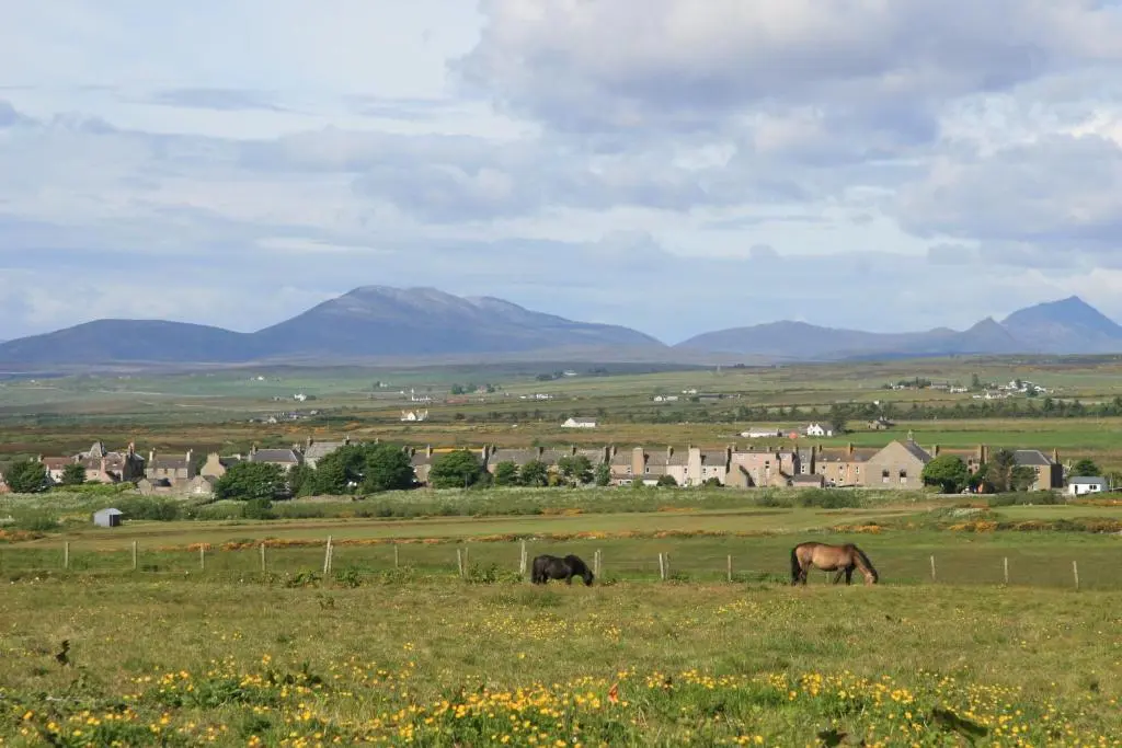 two horses grazing in a field with mountains in the background at Taigh An Clachair in Lybster