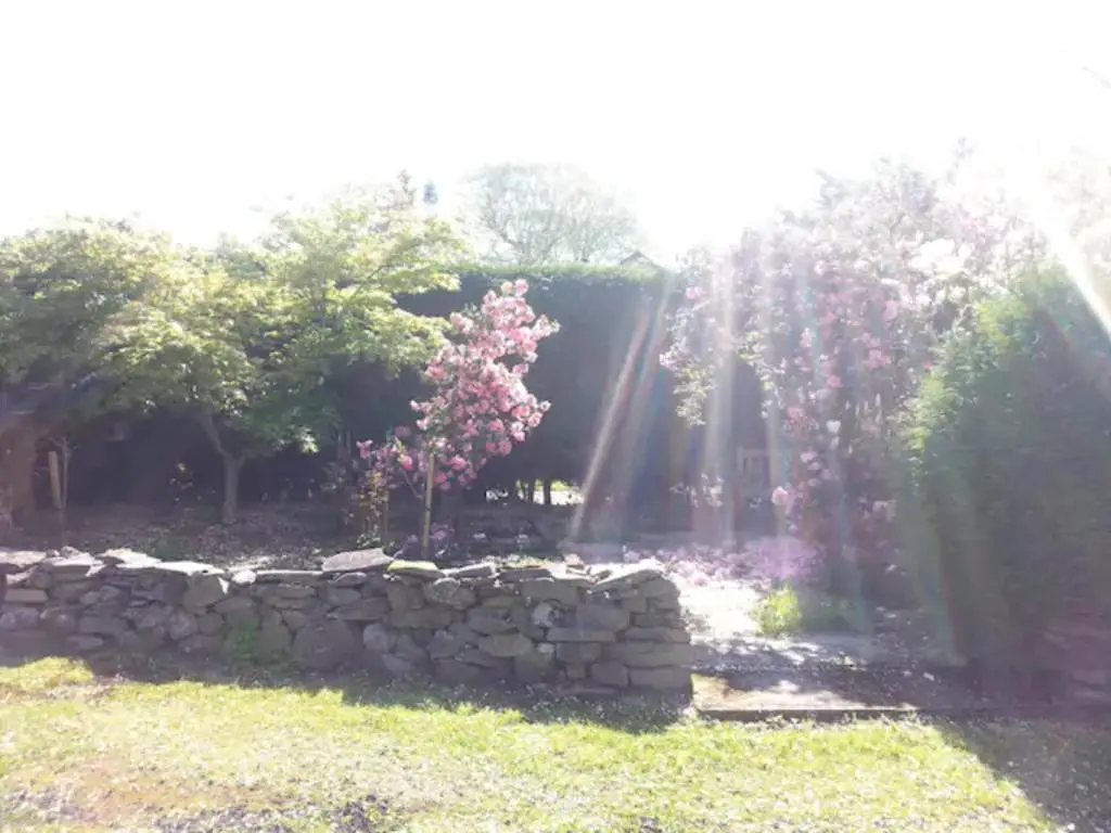 a garden with a stone wall and pink flowers at Home Comforts in Peaceful 2 Acres in Inverness