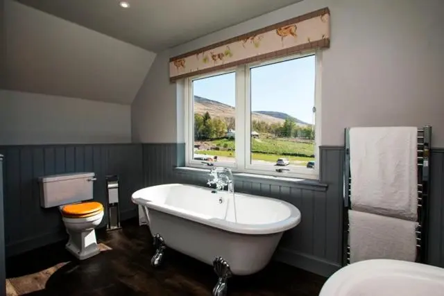 a bathroom with a tub and a toilet and a window at Glen Clova Hotel & Luxury Lodges in Millton of Clova