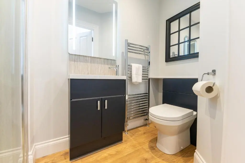 a bathroom with a toilet and a sink and a mirror at Glenmoriston Town House Apartments in Inverness