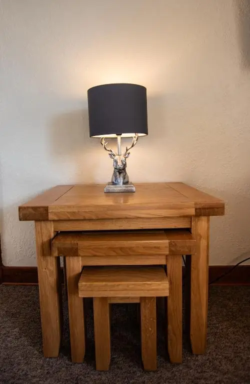 a table with a lamp on top of it at Elgin Self Catering Holiday Cottage in Elgin
