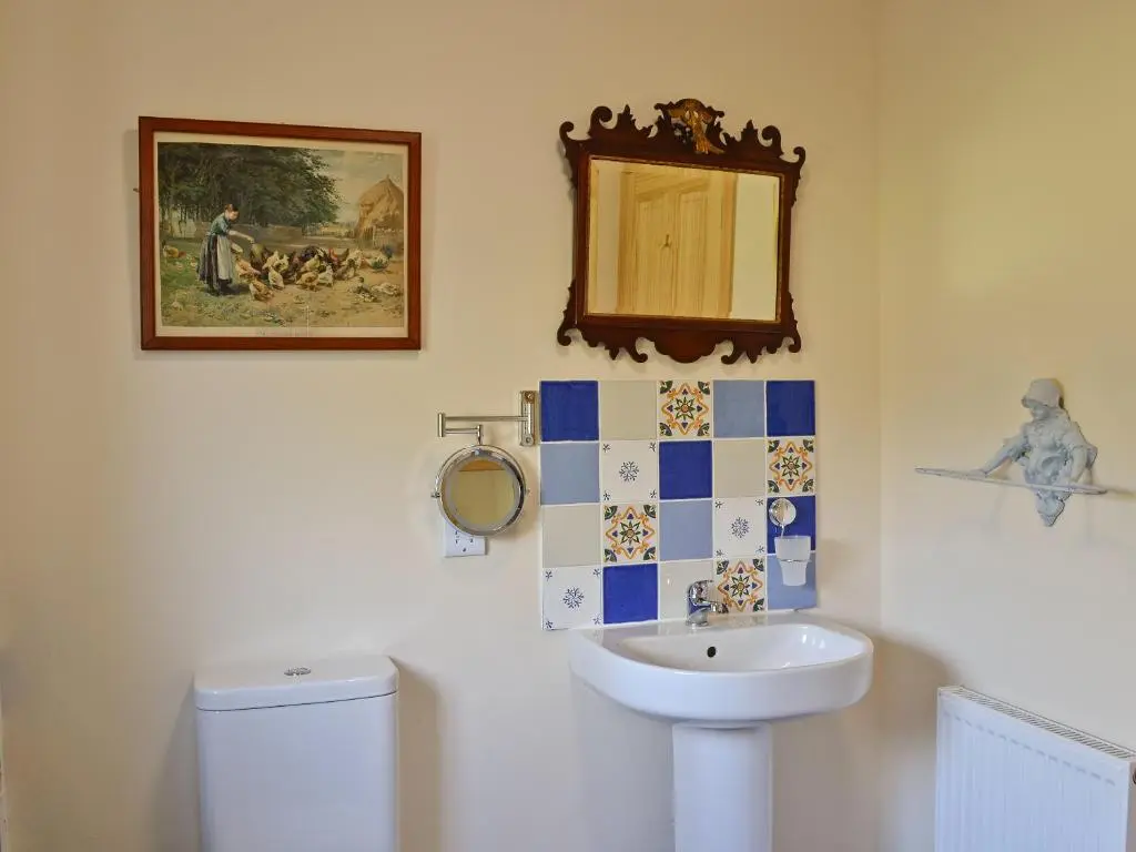 a bathroom with a toilet and a sink and a mirror at Mountain View in Tomintoul