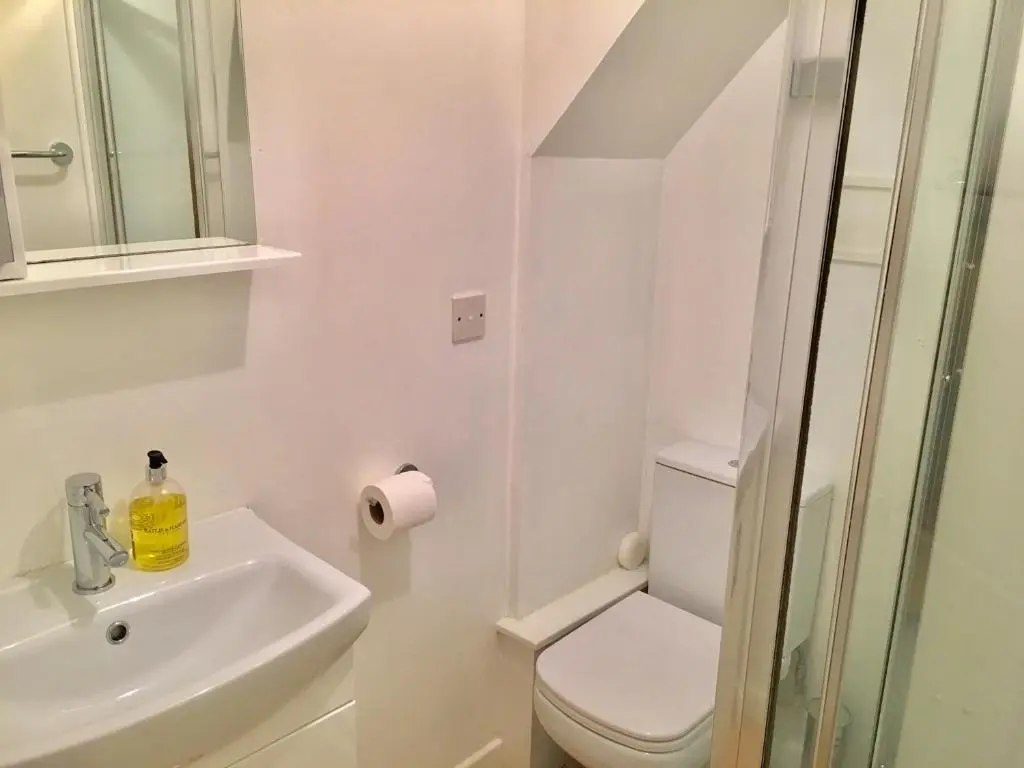 a white bathroom with a toilet and a sink at City Centre Cottage in Inverness