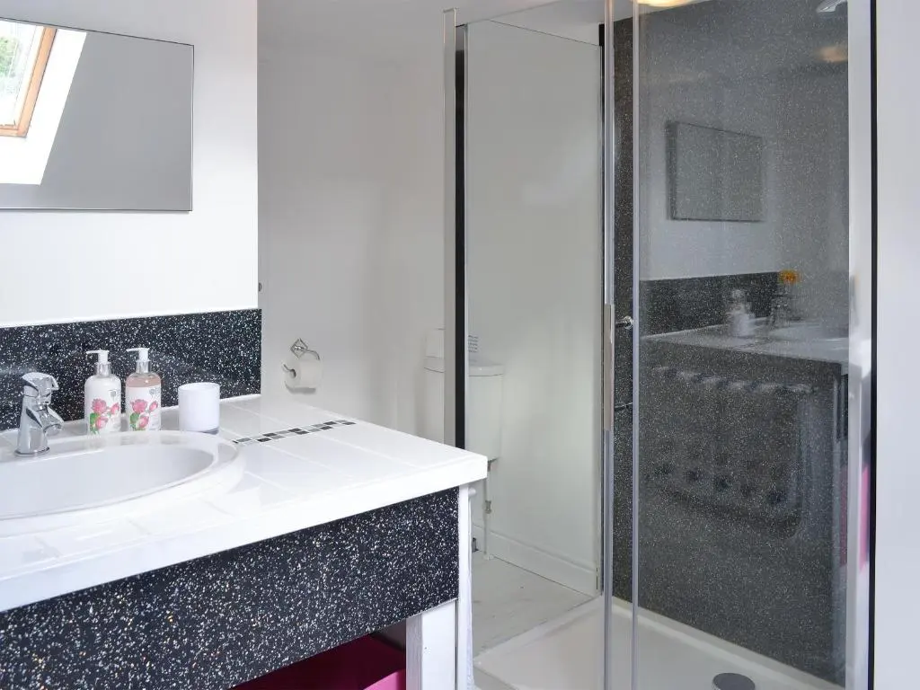 a bathroom with a white sink and a shower at Salty Dog in Findochty