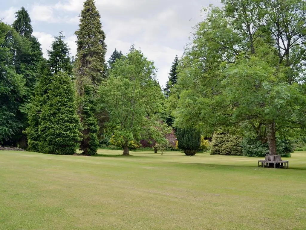 a park with trees and a bench in the grass at Little Blackhall Lodge in Banchory