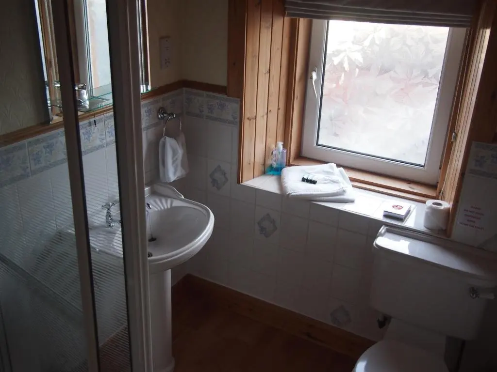 a bathroom with a toilet and a sink and a window at Craignay Guest House in Inverness