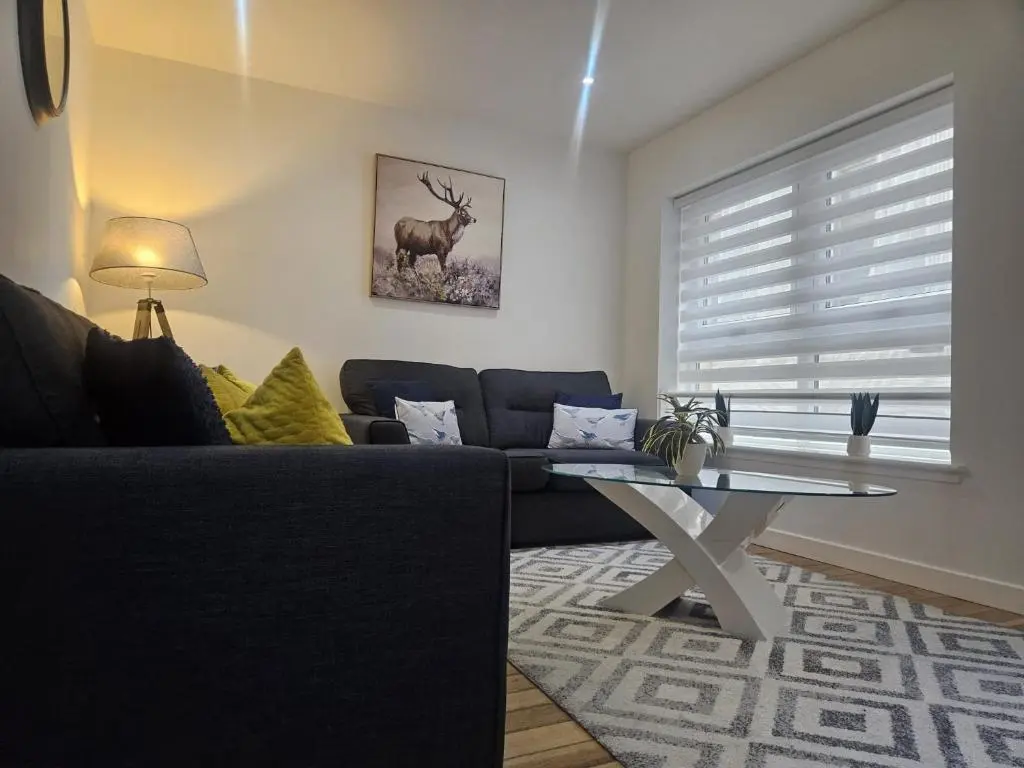 a living room with a couch and a glass table at LANGLEY APARTMENT free parking outside between 6 pm and 8 am Secure parking 2 min walk Ideal for TRADES AND TOURISTS WANTING GREAT LOCATION in Inverness
