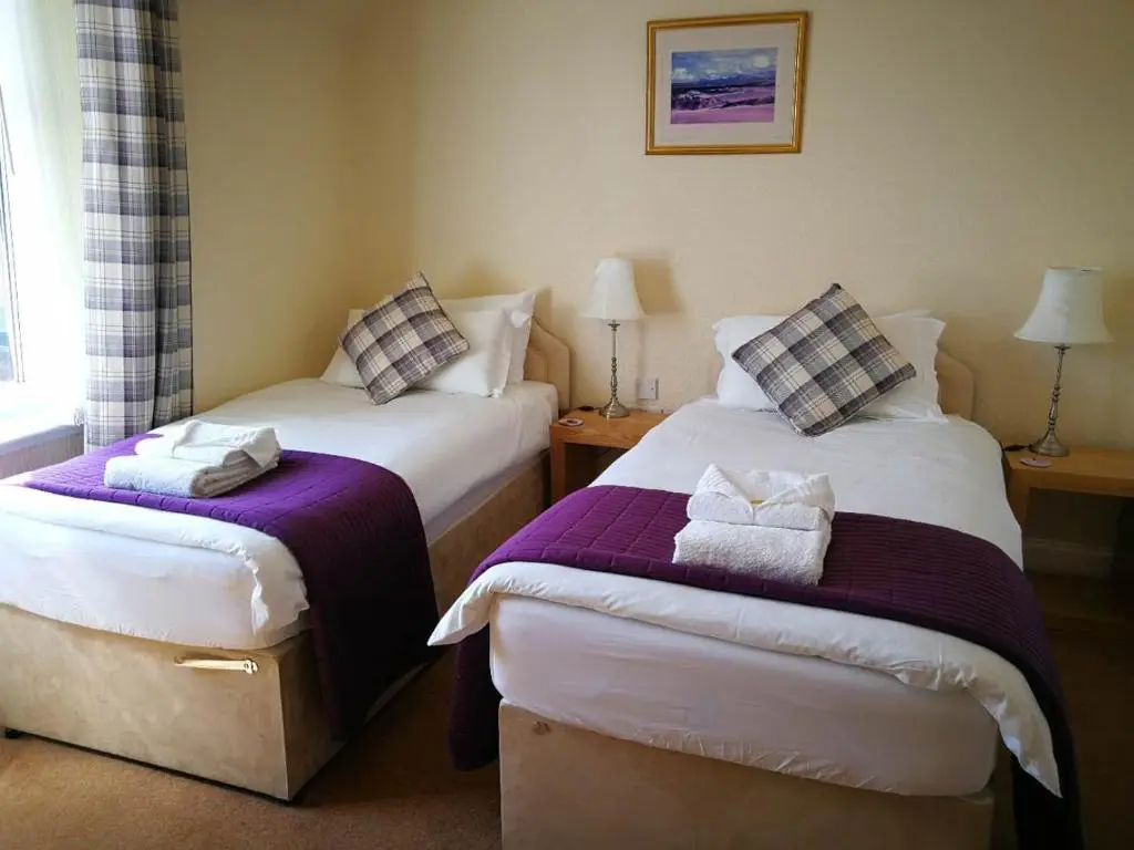 a hotel room with two beds and a window at St Ann\u2019s Guest House in Inverness