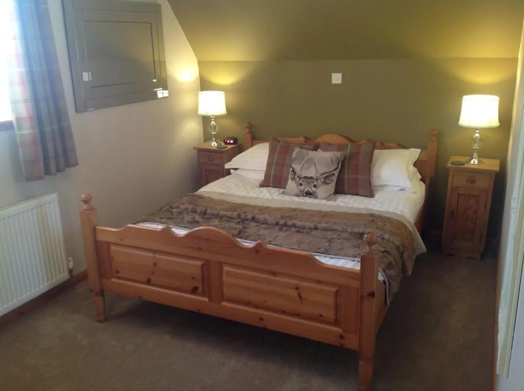 a bedroom with a bed with two night stands and two lamps at Lochview Guesthouse in Contin