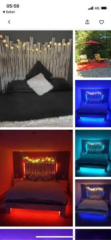 a collage of four pictures of a bed with lights at Bankhead Accommodation Aberdeenshire in Gamrie