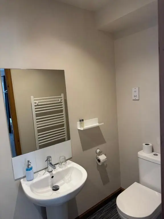 a bathroom with a sink and a toilet and a mirror at The Square Kintore in Kintore