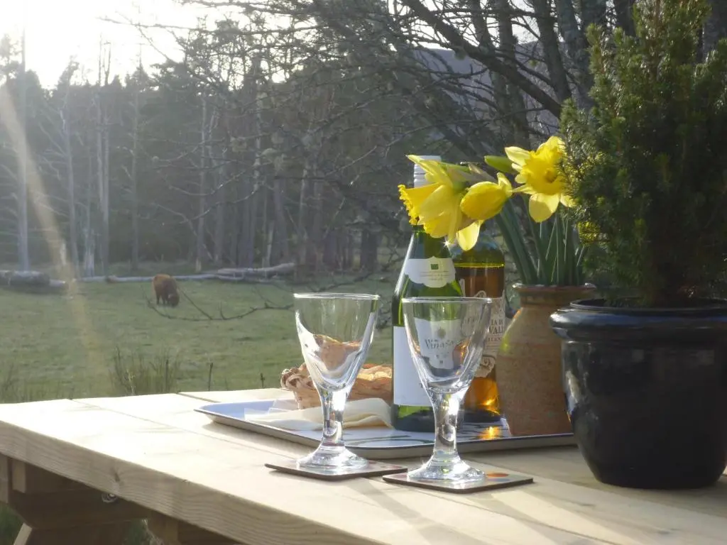 a table with two glasses and a bottle of wine at Camusmore House in Aviemore