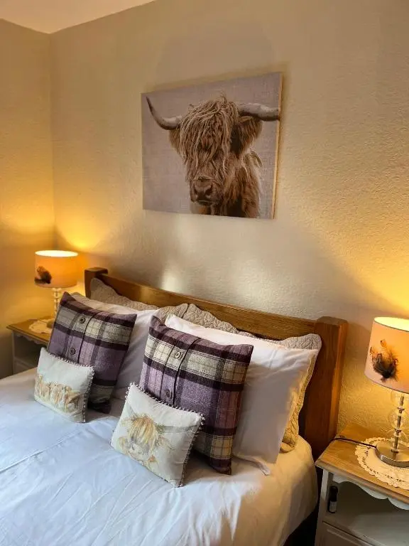 a bed with pillows and a picture of a bull at Mary's Apartment in Rothes