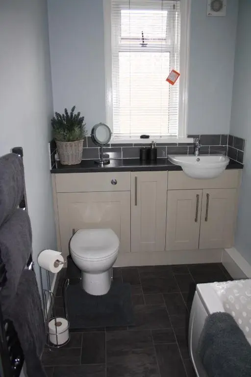 a bathroom with a white toilet and a sink at Mary's Apartment in Rothes