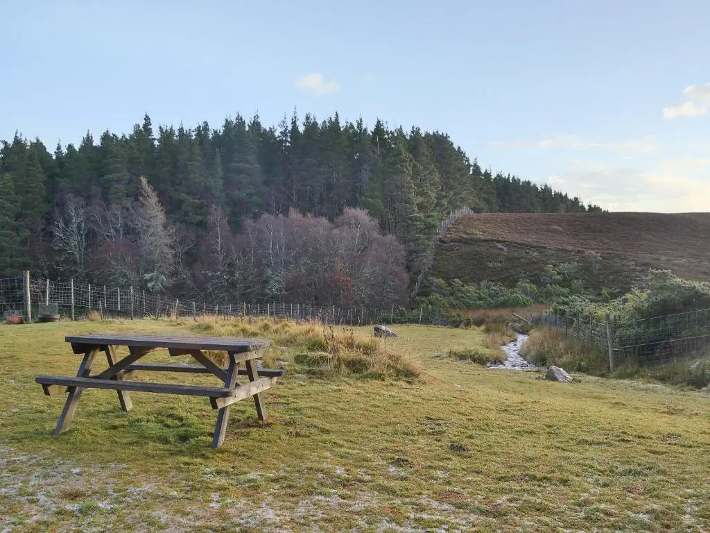 a picnic table in the middle of a field at Turin Nurin Cottage in Tomatin