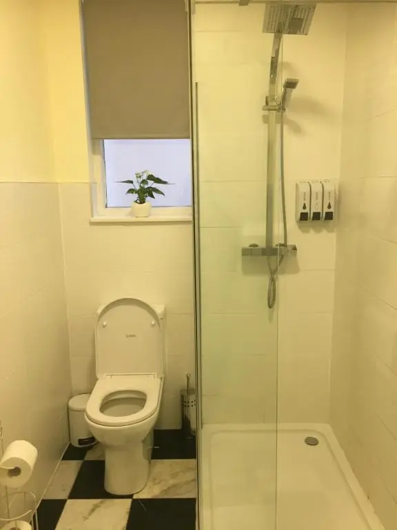 a bathroom with a toilet and a glass shower at The Ship Inn in Invergordon
