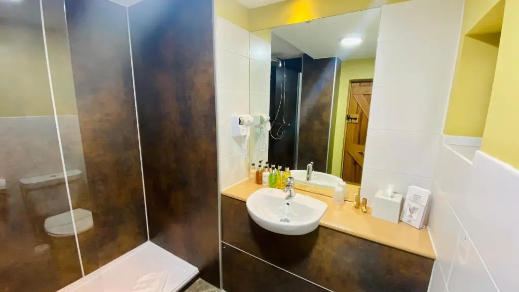 a bathroom with a sink and a shower at Aultguish Inn in Garve