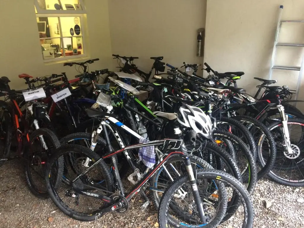 a bunch of bikes parked in a room at Ballater Hostel in Ballater