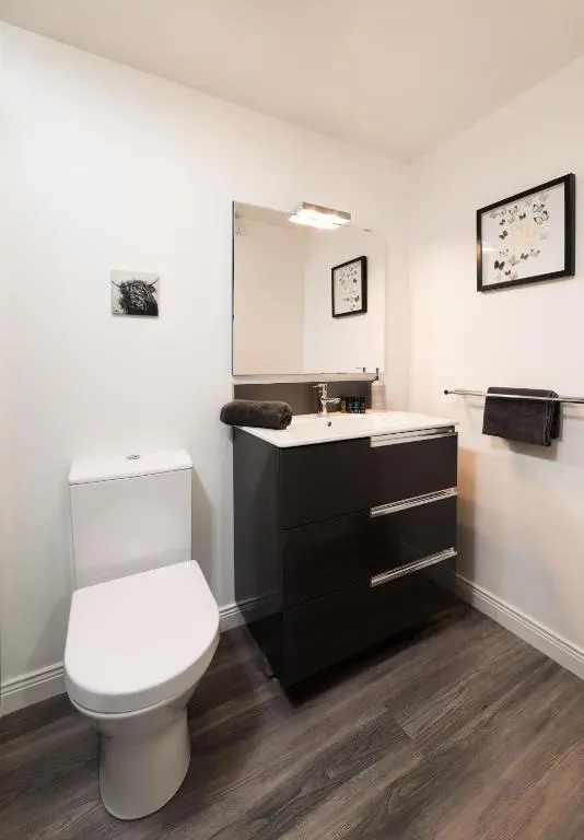 a bathroom with a white toilet and a sink at Kylelachin in Dingwall