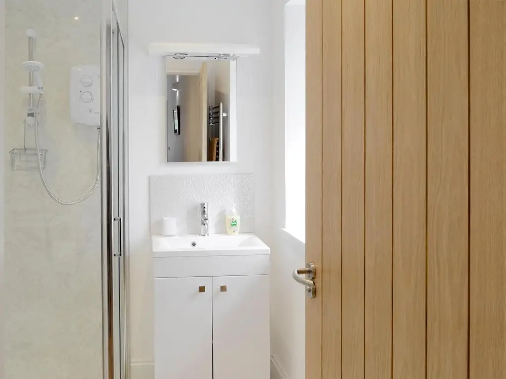 a bathroom with a sink and a mirror at The Barn in Ankerville