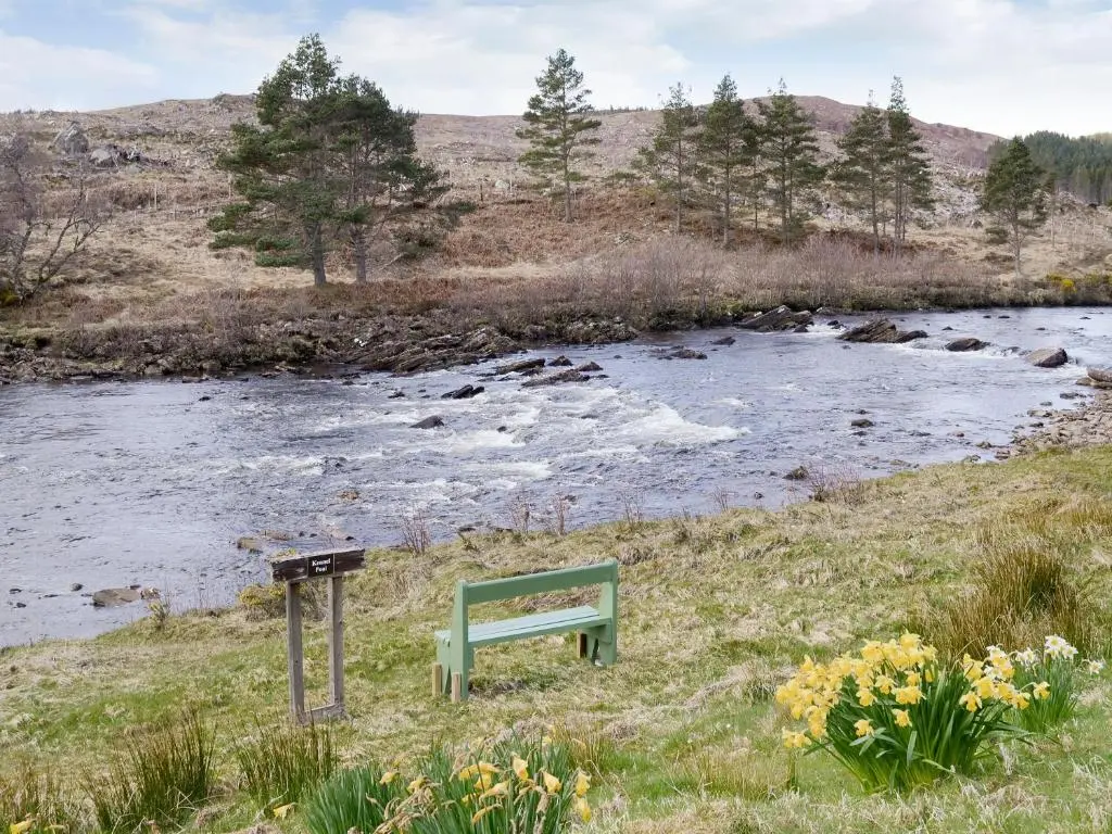 a green bench sitting in the grass next to a river at Rowan Cottage in Glenrossal