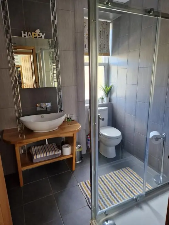 a bathroom with a sink and a toilet and a shower at Deeside Holiday Cottages in Dinnet