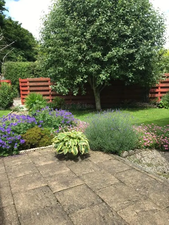 a garden with purple and pink flowers and a tree at Apartment 101 Kingsmills Road in Inverness