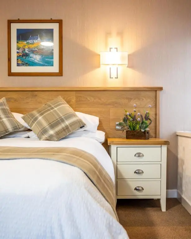a bedroom with a bed and a nightstand with a plant on it at Riverside in Ullapool