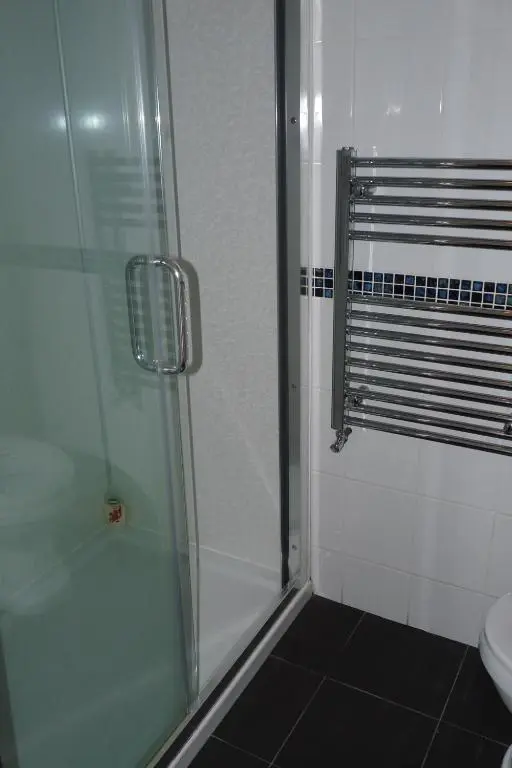 a bathroom with a glass shower and a toilet at Bank Guest House in Wick