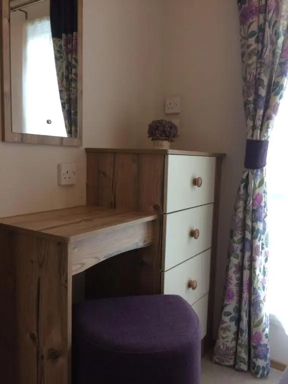 a bedroom with a desk and a mirror and a chair at Cragganmore Lodge in Aviemore